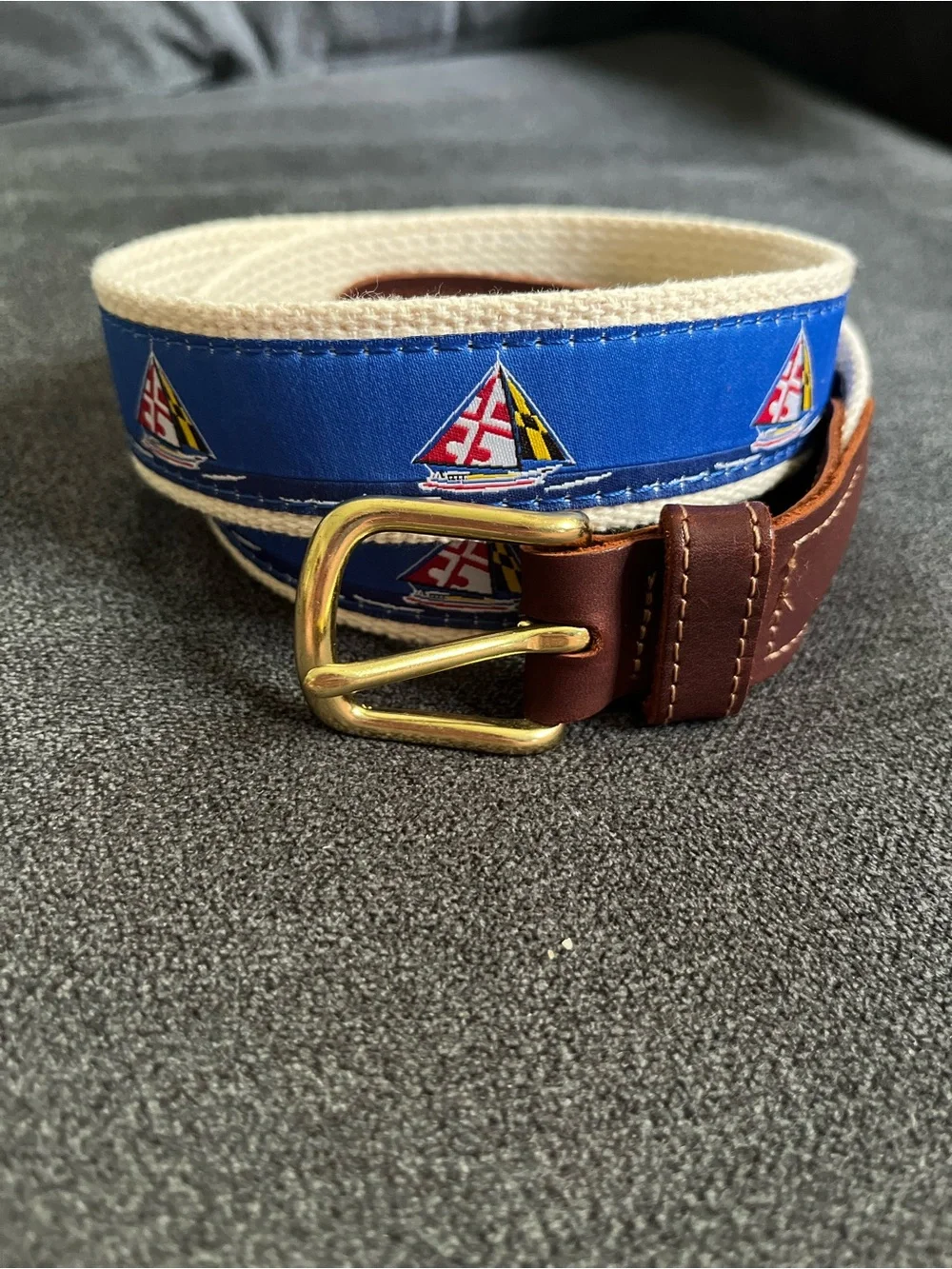 Maryland Flag Sailboat Canvas Belt Brown Leather Trim Charm City Clothing 34